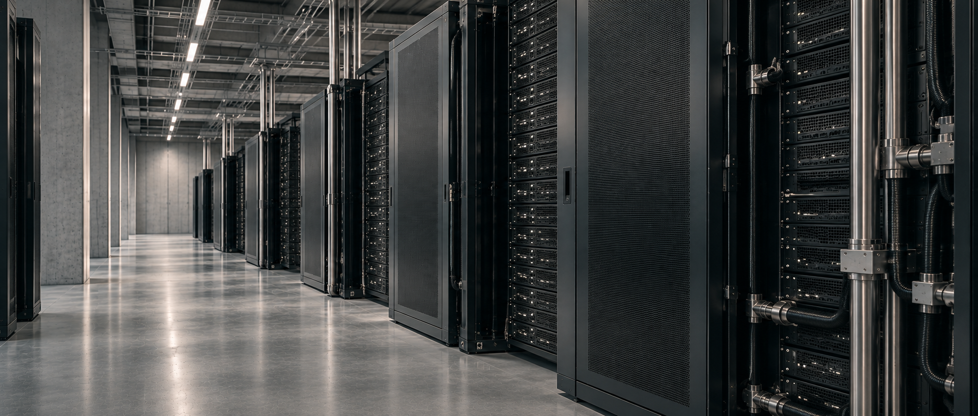 Conceptual visual of a high-density data hall: rows of black server racks with liquid-cooling infrastructure lining a polished concrete aisle.